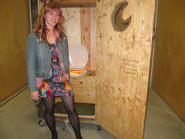 Lysanne Lombard, 22, likes to explore the deranged and disgusting with humour-laden art. It took her two weeks to make an outhouse in the NSCAD woodshop. She filmed herself dragging her creation down Lower Water Street, and invited guests to add graffiti to it walls during the #KEJI exhibit.