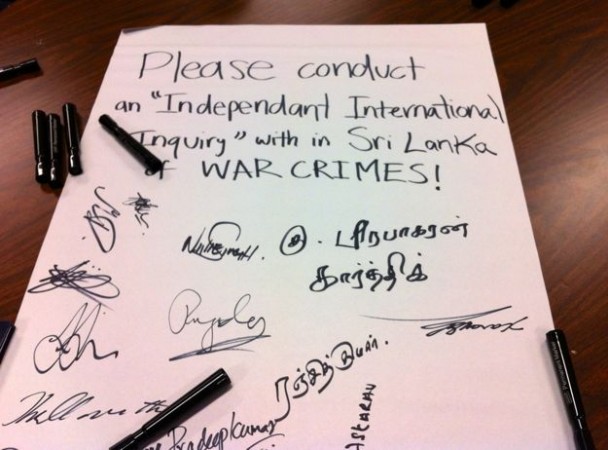 DTSA's petition for an independent international investigation into allegations of warm crimes in Sri Lanka. (Photo: Sara Leslie)