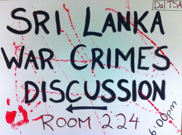 A poster inviting students to the Dalhousie Tamil Student Association's discussion on warm crimes. (Photo: Sara Leslie)