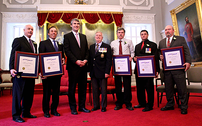 From left to right: Keiran Tompkins, Stephen Ross, Premier Stephen Mcneil, Vice Admiral Duncan Miller, Wade Smith, Shawn Hardy, David Grandy. Photo: Deborah Oomen
