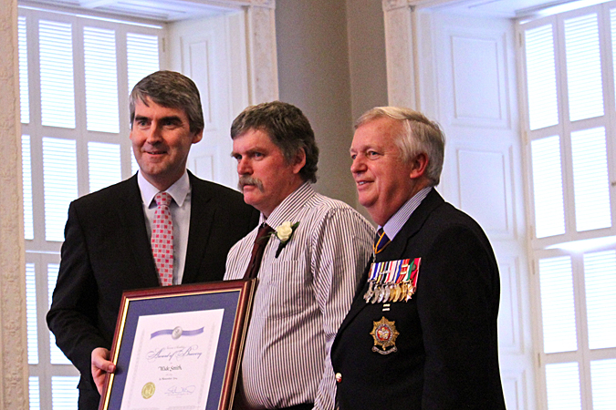 Premier Stephen Mcneil with Wade Smith and Vice Admiral Duncan Miller. Photo: Deborah Oomen