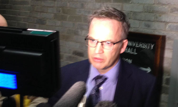 Dal president Richard Florizone speaks to the media after Monday's senate meeting. Photo: Graeme Benjamin