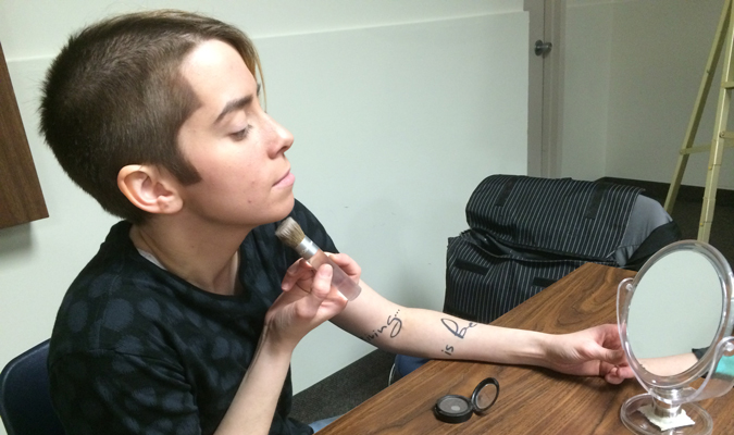 Clark MacIntosh demonstrated masculinizing makeup at DalOUT's workshop for gender expression through makeup. MacIntosh performs as a drag king. Photo: Keili Bartlett