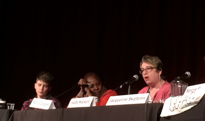 Judy Haiven suggested at a Dal forum on misogyny that female students should be allowed to speak first in classroom discussions, as a rule. Left to right: Jude Ashburn, Afua Cooper and Judy Haiven. Photo: Keili Bartlett