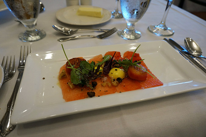 A product of the culinary arts program; beet-cured scallops with watermelon carpaccio. Photo: Gabby Peyton