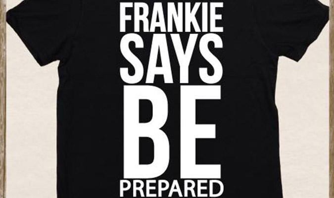 The shirt is modeled after the popular 1980s Frankie Says Relax shirts. Photo: Facebook
